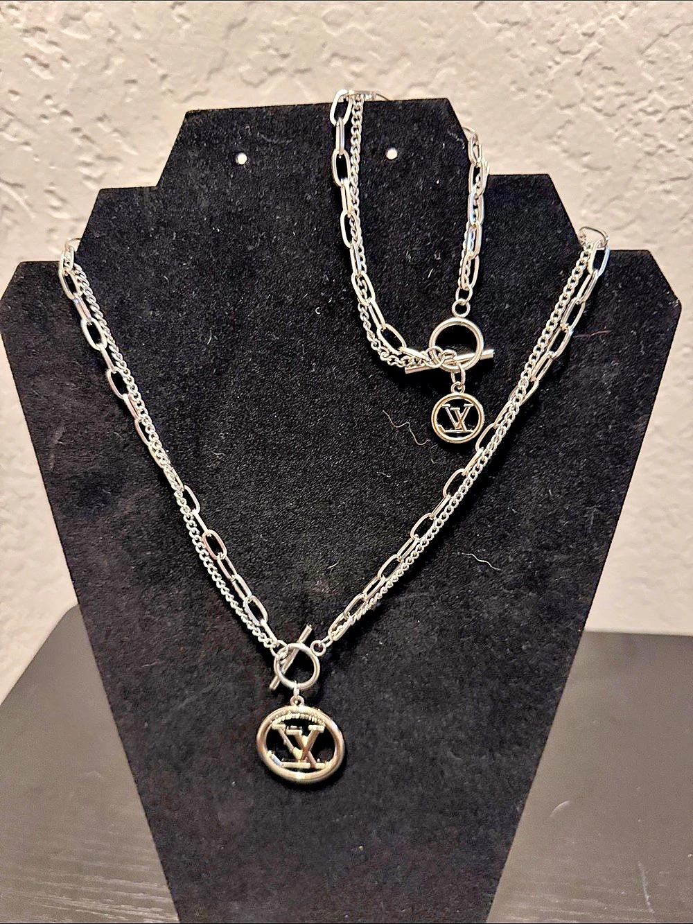 Inspired Silver-Tone Logo Pendant Necklace and Bracelet Set